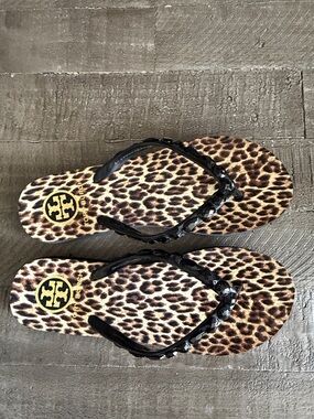 Tory Burch Black Jeweled Jelly Flip Flops with Leopard Print Footbed